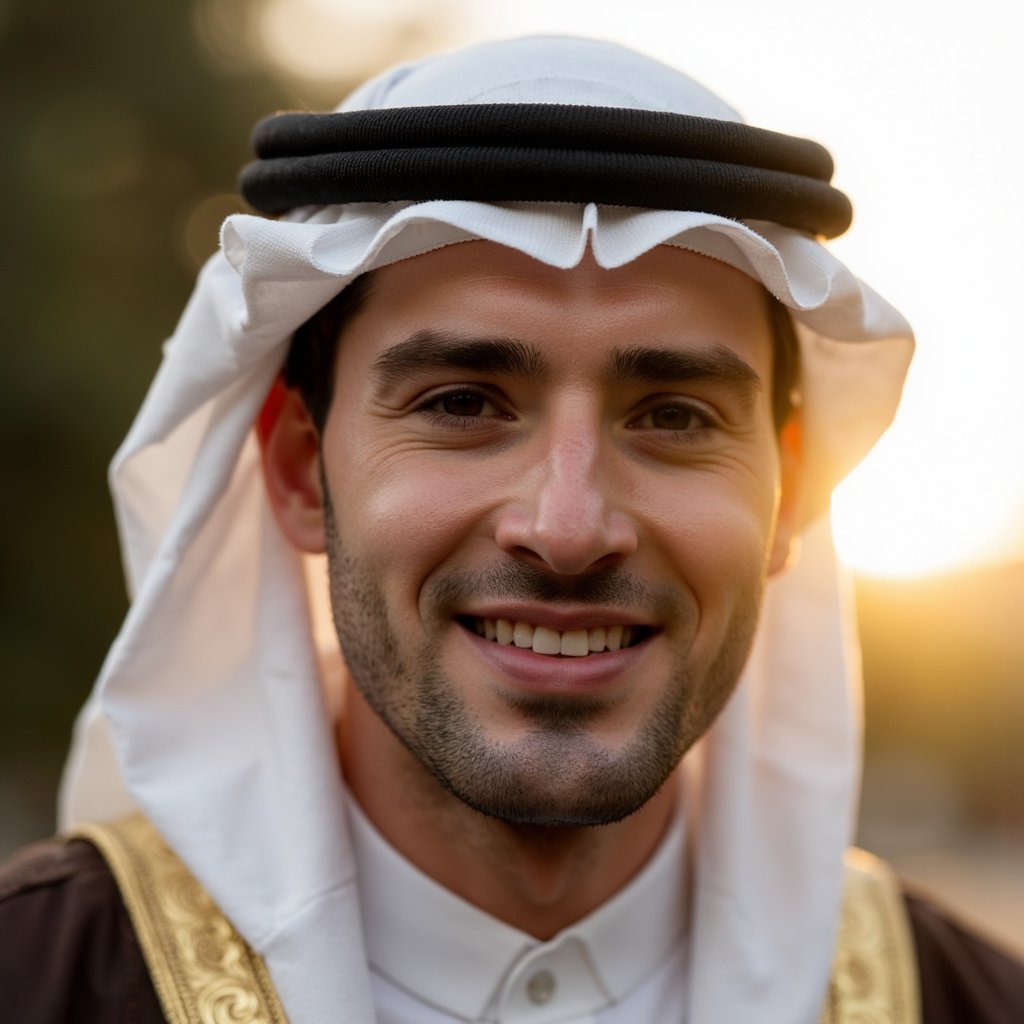 Portrait of a serene man in traditional thobe and kufi, soft warm lighting, gentle smile, peaceful expression — celebrating Mawlid with dignity