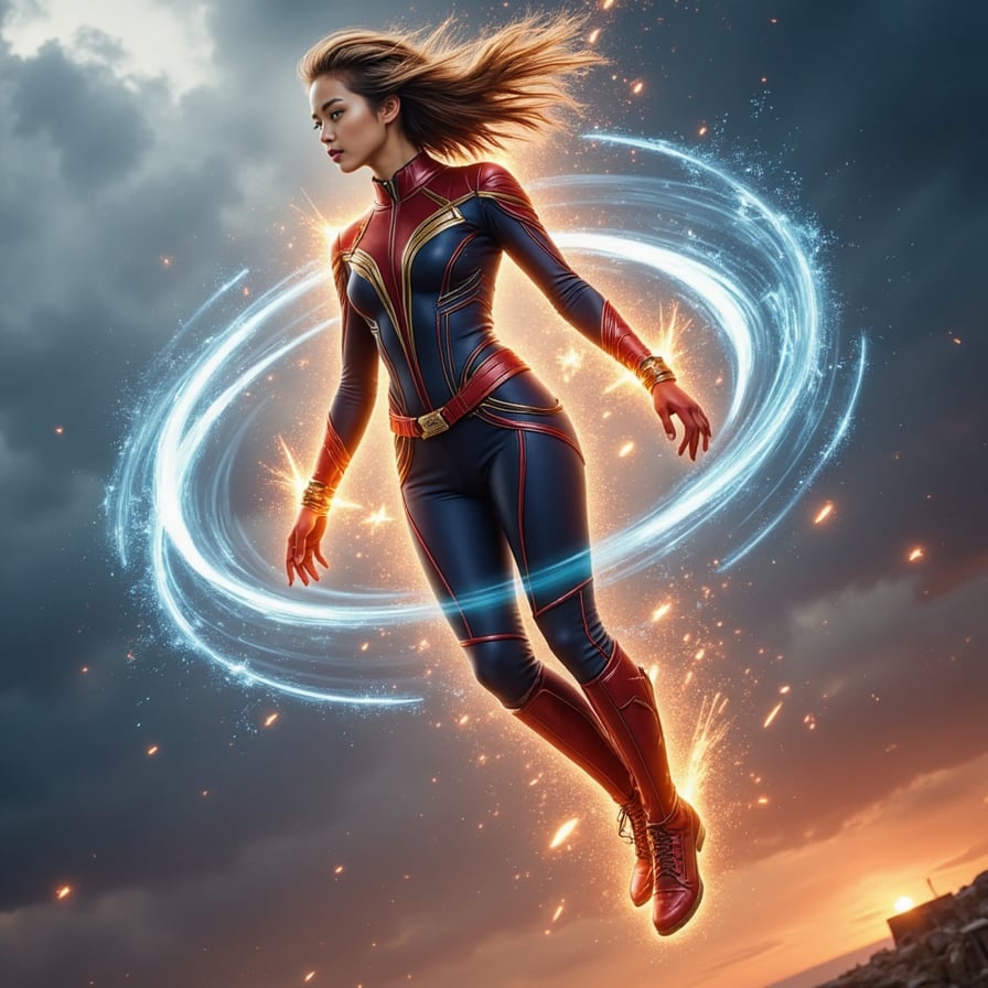 Confident woman superhero, inspired by Scarlet Witch and Captain Marvel, levitating mid-air with neon energy swirls, wearing a glowing suit of woven metal and fabric, stormy skies, battle aura, epic movie still