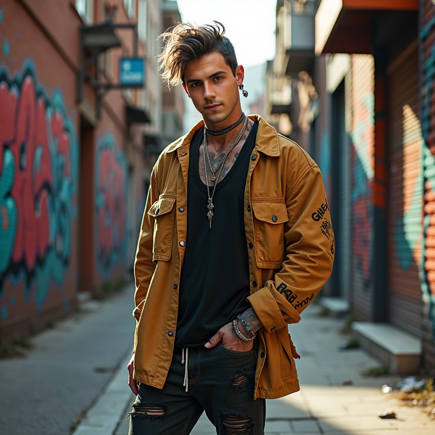 man with a stylish, trendy street style outfit, well-groomed, perfectly combed hair, posing confidently on a bustling city street with a urban backdrop, warm natural light.