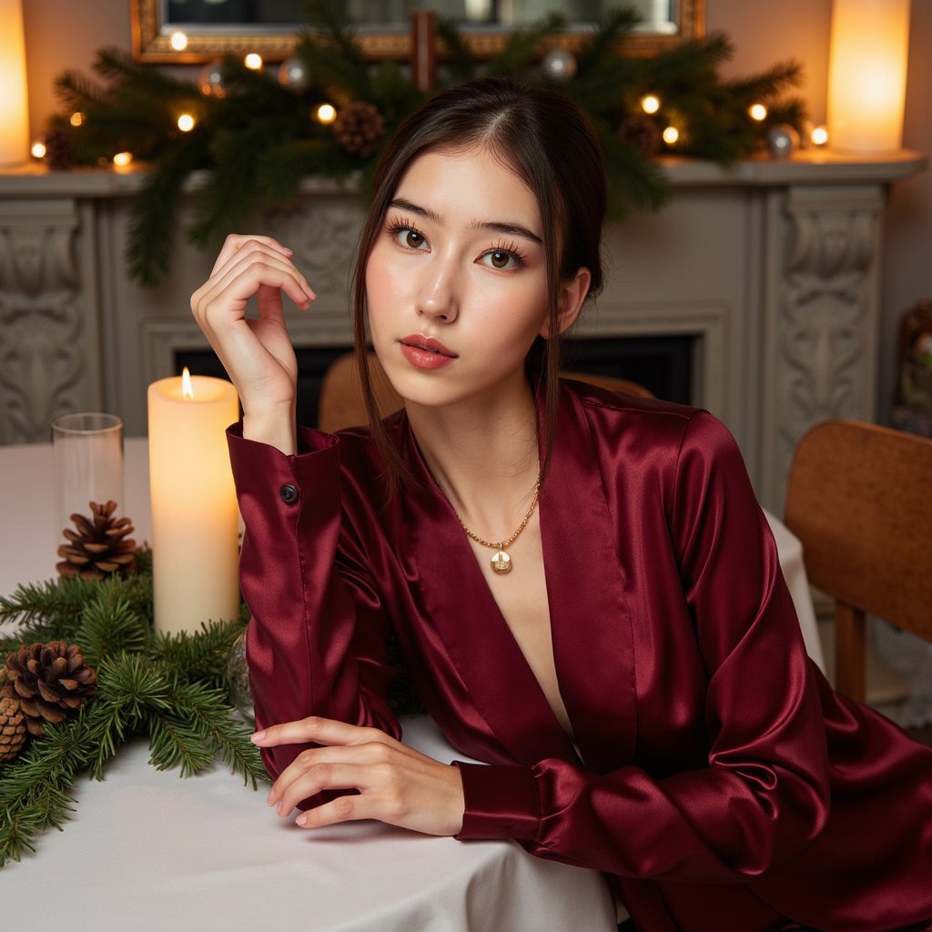 Waist-up portrait of a woman leaning gently on a holiday tablescape, angled 20° left of camera, gaze softly to lens, rule-of-thirds placement. Wardrobe: burgundy satin blouse with subtle sheen and gathered cuffs; a thin gold pendant. Hair: low chignon with face-framing tendrils. Makeup: soft bronze eyeshadow, defined lashes, rosewood gloss. Lighting: candlelight key (multiple small flames) with a dim overhead softbox feathered to preserve warm contrast; specular highlights on satin folds. Background: blurred evergreen runner and two pillar candles; minimal clutter, shallow DOF with creamy bokeh. Camera: 50mm, f/1.6, slightly above eye level; highly detailed, highly realistic, HDR; skin texture natural, satin drape visible; calm, still, intimate.