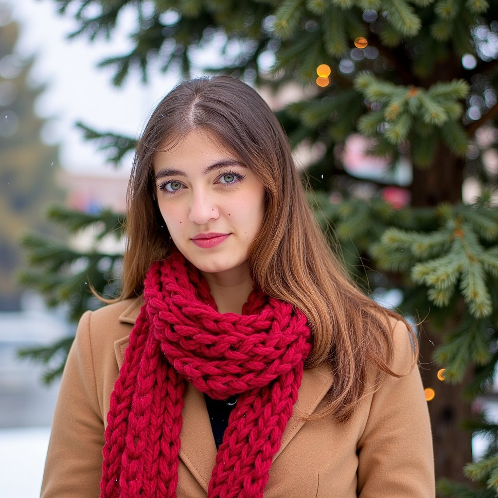 Waist-up winter portrait of a woman outdoors in softly falling snow (snow frozen in shallow DOF but no subject motion). She wears a camel wool coat belted at the waist and a thick red knitted scarf with visible chunky stitching. Hair: straight, long, tucked inside the scarf; a few flyaway strands adding realism. Makeup: satin warm-nude lips, lightly flushed cheeks, soft brown eyeliner. Lighting: natural overcast daylight softened by snow, with a faint silver reflector fill from below. Background: blurred evergreen trees with a few warm twinkle lights; minimal clutter. Camera: 85mm f/2, eye-level; highly realistic, highly detailed, HDR, clear snowflakes on hair and coat fibers.