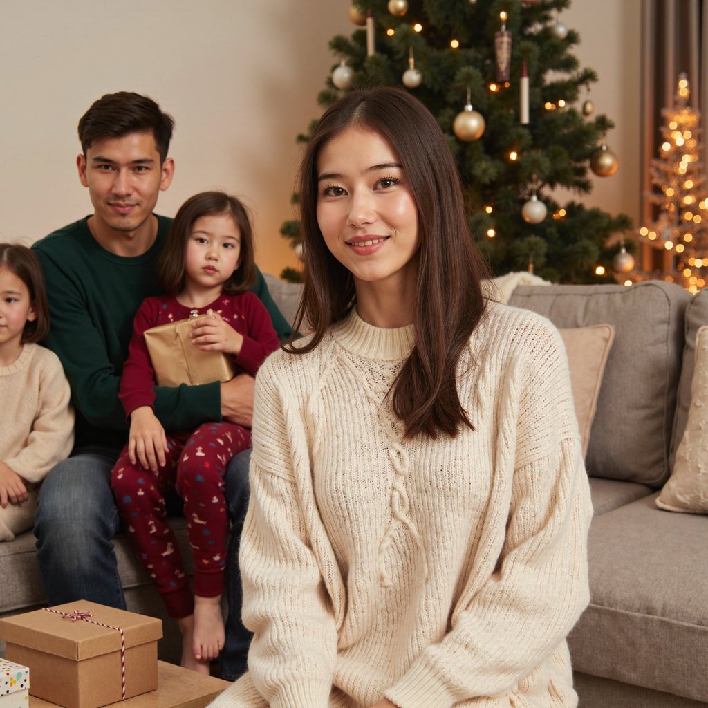 Waist-up Christmas family portrait featuring a woman as the main subject, seated slightly forward on a living-room sofa, body angled left, giving a warm soft smile. She wears a cream cable-knit sweater with visible ribbing and soft wool texture. Hair: medium-length loose waves; one side tucked neatly. Makeup: warm, natural tones; soft brown eyeliner, rosy blush, nude-pink lips.
Lighting: warm tree-light ambience with a soft diffused key light from camera-left, adding flattering highlights to her face; gentle rim glow from fairy lights behind.
Background & family members:
Behind her, slightly blurred but clearly visible, sits a man (likely partner) wearing a forest-green sweater, arm around a young child wearing a red holiday pajama top. Both are smiling naturally toward the camera. A second child sits on the arm of the sofa, holding a small wrapped gift, wearing a soft beige knit, lightly out of focus to maintain emphasis on the woman.
Extras: decorated Christmas tree with warm bokeh, a few wrapped gifts, and minimal living-room décor.
Camera: 85mm f/2, shallow DOF; highly detailed, highly realistic, HDR, with crisp knit texture, natural skin grain, and warm holiday glow.