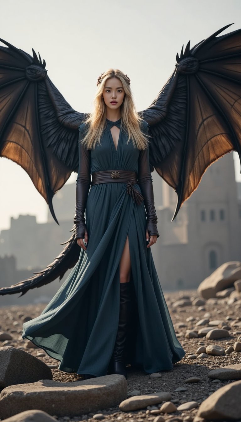 Daenerys Targaryen standing tall on the ruins of King's Landing, dragon wings spread wide behind her, ash falling from the sky, dark cinematic tone, high realism, HBO series style.