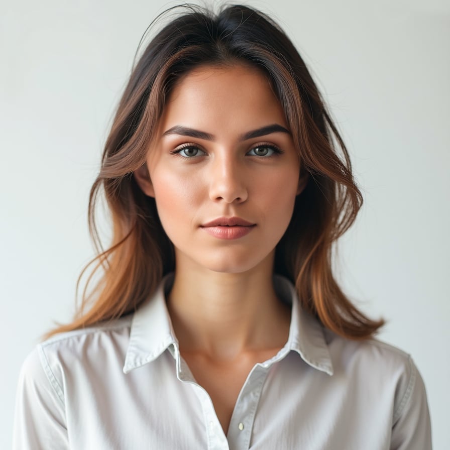 A passport-size photo of a person with a neutral expression, facing forward, looking directly at the camera. The background is plain white, the lighting is even, with no shadows. The subject is wearing a neat shirt, no headgear, and no glasses, adhering to standard passport photo guidelines