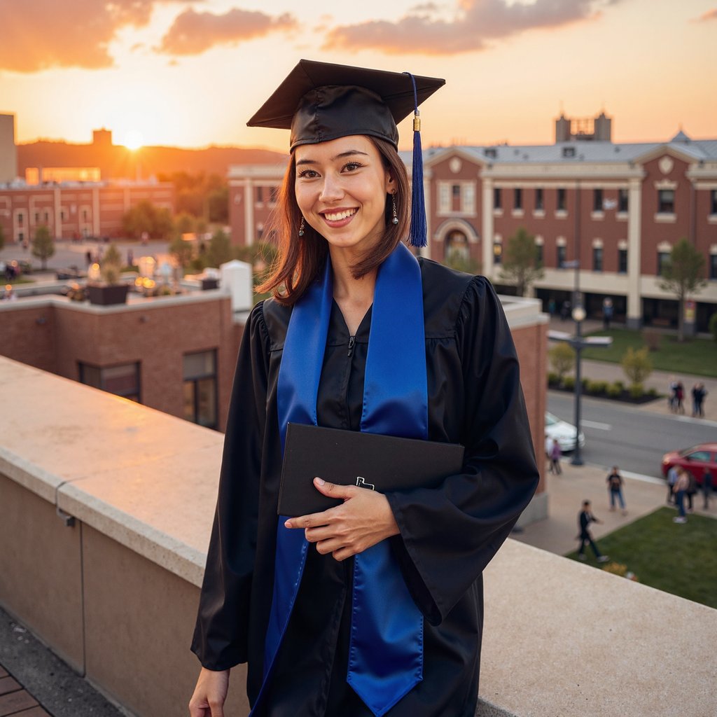 Waist-up portrait of a woman graduate on a campus rooftop overlooking a city skyline at sunset; soft warm light hitting her profile; she wears a black gown, royal-blue satin stole, mortarboard removed and held loosely in one hand near her waist; hair in soft low ponytail, strands catching backlight; camera at 45° angle to her left side, 105 mm lens, f/2, golden-hour lighting; background: blurred orange-pink sky, silhouetted buildings, subtle lens flare; rich details: fabric highlights, rim light around hair, realistic shadow gradients; serene cinematic mood, highly detailed, highly realistic, HDR.