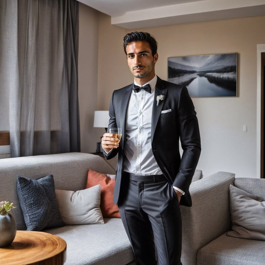 Stylish man in suit, luxury villa, Instagram-ready photo.
