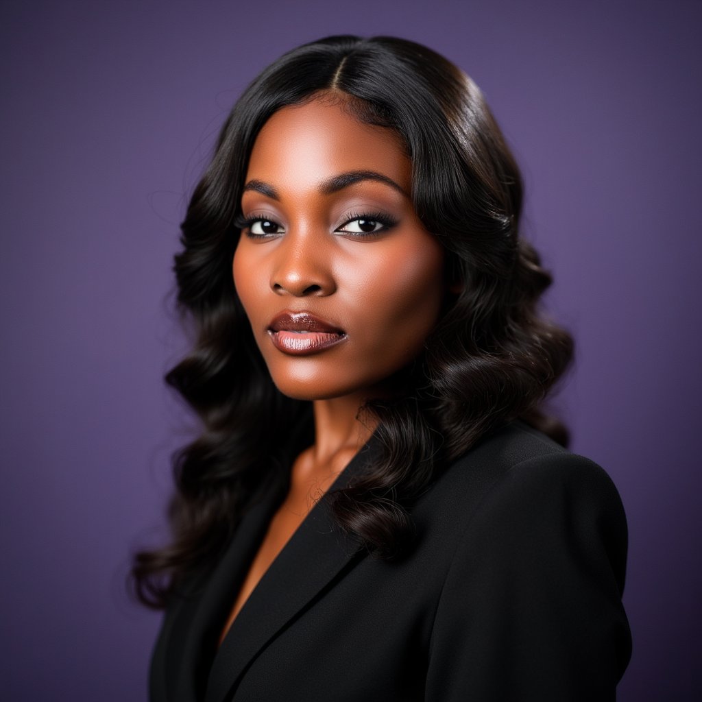 Woman in dark outfit, minimalist backdrop, professional, confident.