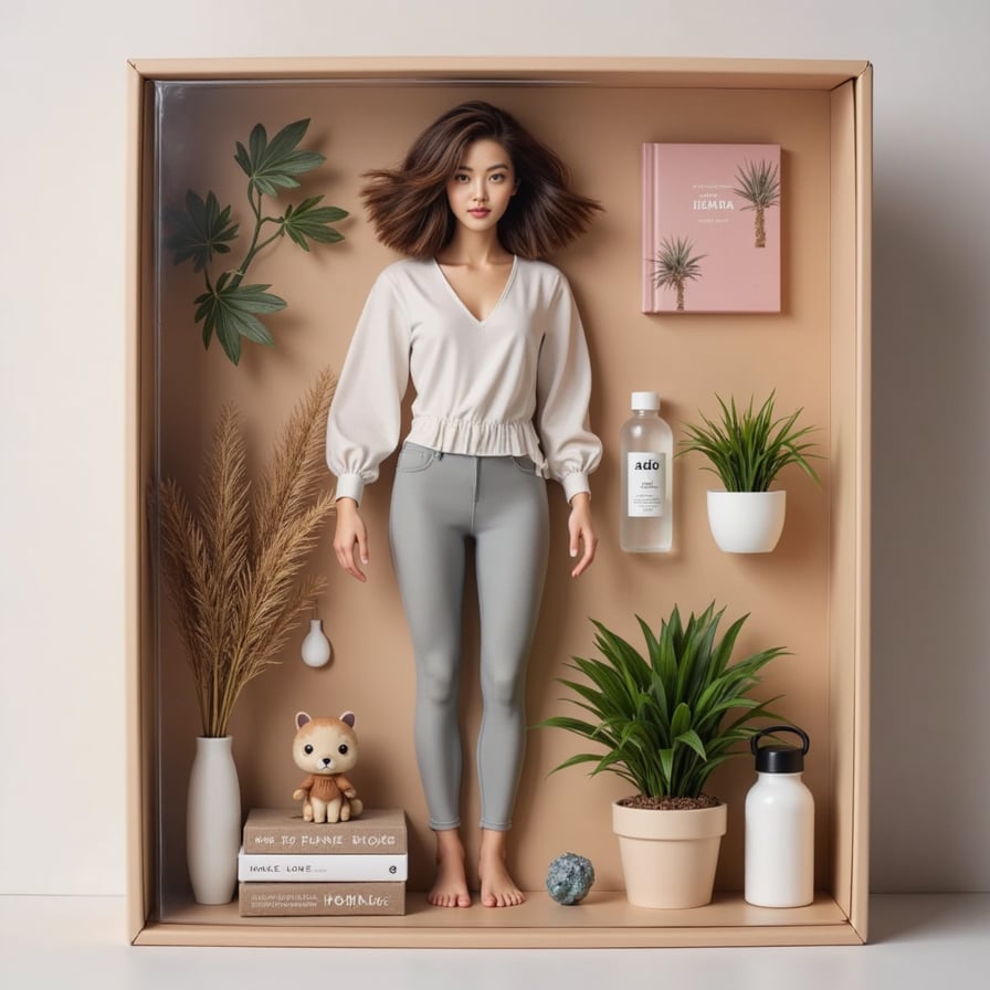 Woman in activewear, with a water bottle, plants, and crystals around her — serene colors and zen mood