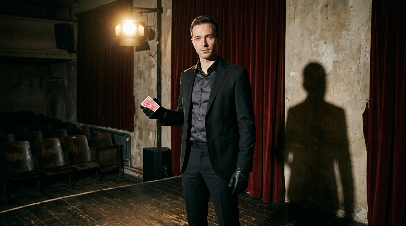 Shadow magician costume with a black suit and playing cards
