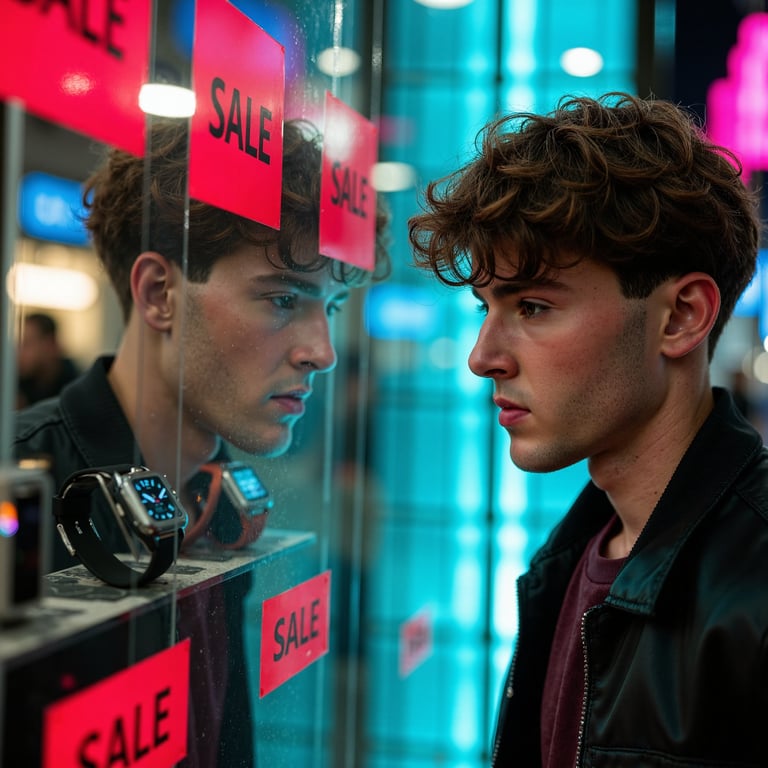 A man (male) close headshot inside an urban outlet, reflected in the glass of a 