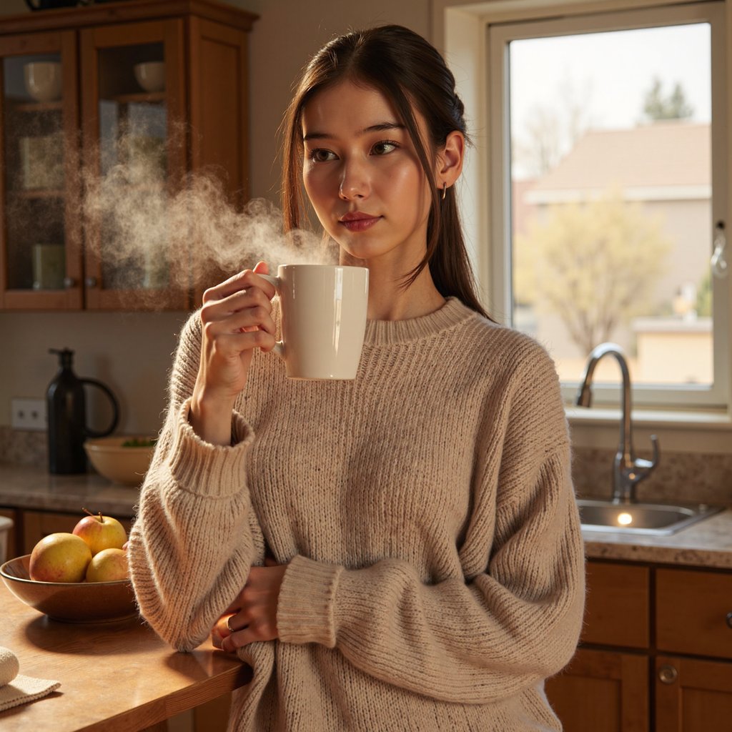 Highly detailed, highly realistic, hyperrealistic HDR image of a woman (female, ~33 yrs) standing waist-up in a cozy kitchen illuminated by soft early-morning light. She wears a light oatmeal sweater with subtle rib texture and rolled sleeves. Her hair is tied in a loose ponytail with natural flyaways catching light. Camera positioned slightly above eye level (~15° down), capturing her serene half-smile as she looks toward the window. Gentle steam from a mug she’s loosely holding adds atmosphere. Background blurred — faint wooden counter, bowl of apples, linen towel in muted tones. Lighting diffused and warm, shadows soft. Visible skin pores, sweater fibers, and condensation on the mug. HDR, high resolution, high quality, highly detailed, photorealistic.