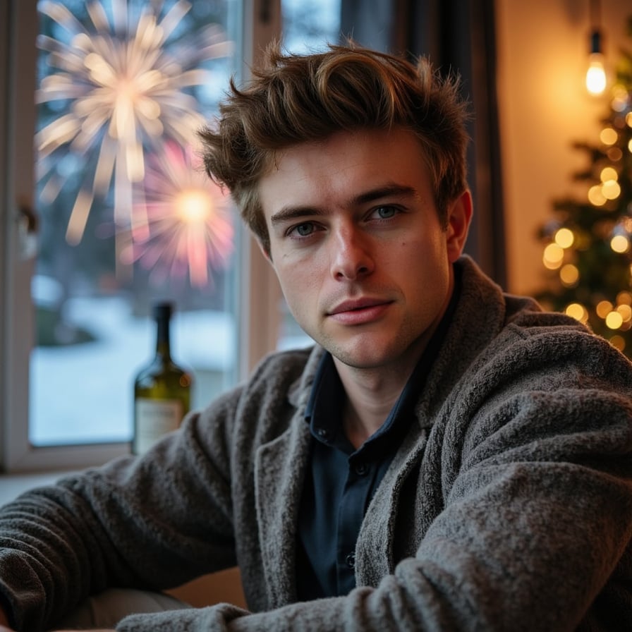 Highly realistic, HDR AI-generated New Year headshot of a man, chest-up framing. Sitting comfortably indoors on New Year night, calm confident expression. Wearing clean, cozy festive clothing. Hair naturally styled, realistic skin texture. Fireworks visible outside through a window, softly blurred. Warm indoor lighting mixed with cool festive glow. Ultra high resolution, authentic New Year celebration feel.