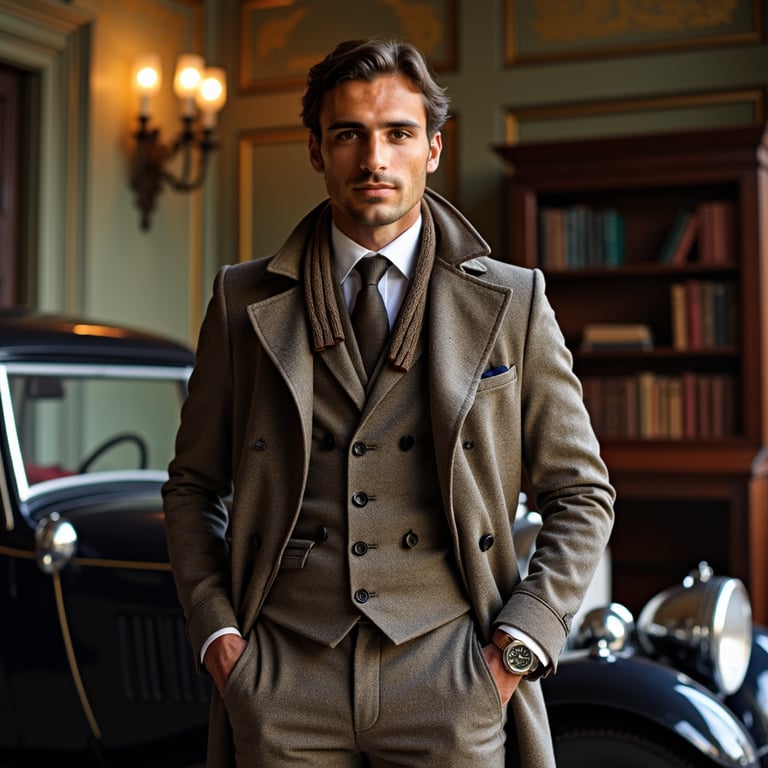man standing in front of a classic car or a vintage mansion. He is dressed in a 