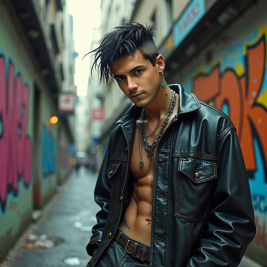 Handsome street punk, graffiti alley, detailed, hyper-realistic setting.