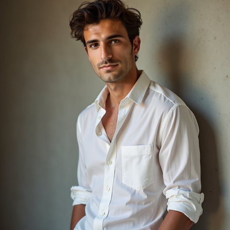man in timeless attire, such as a crisp white shirt or a blazer. He is posed aga