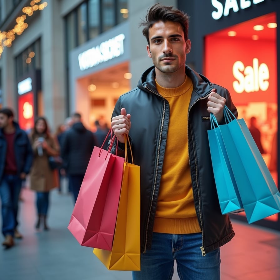 A collage of different shopping-themed images with a bold, eye-catching sale graphic overlay, including a blurred Victoria's Secret store background and a 'Sale' sign