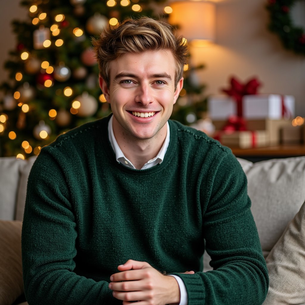 Waist-up portrait of a man sitting casually on a sofa in a cozy Christmas living room. Body angled slightly left, hands resting gently on his lap, expression warm and natural. He wears a forest-green merino wool sweater with visible fine stitching and a crisp white undershirt peeking at the collar. Hair: neat side-part with soft texture; light stubble.
Lighting: warm, soft indoor portrait lighting—tree lights creating gentle golden reflections, key light positioned from the right for a studio-like polished look.
Background: blurred tree ornaments, wrapped gifts, and warm bokeh from fairy lights; minimal clutter, clean and homey composition.
Camera: 50mm f/1.8, slight upper angle; highly detailed, highly realistic, HDR, rendering sweater fibers, facial details and warm indoor glow.