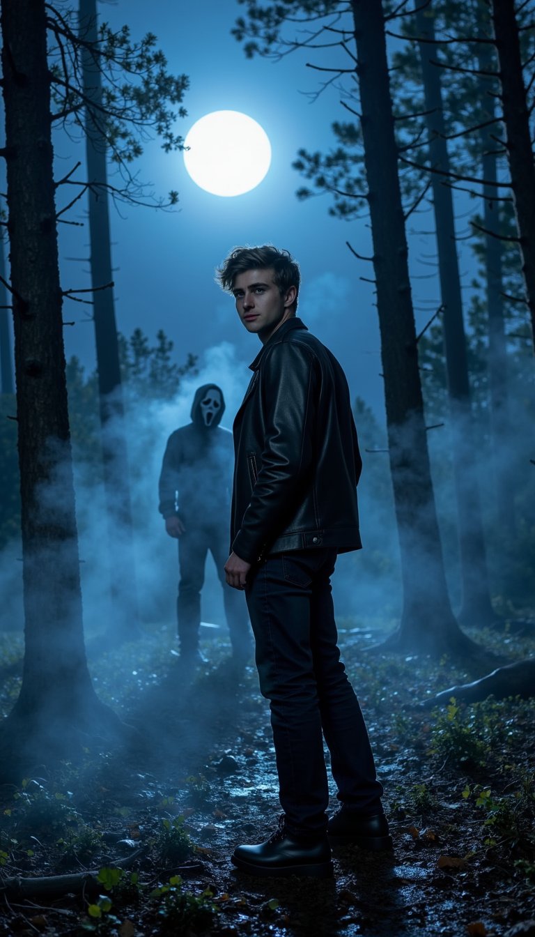 headshot of A man in a leather jacket standing in a moonlit forest clearing, gazing off to the side as though he heard something. His short, slightly messy hair catches the glow of the moon, while fog curls around his feet. In the background, Ghostface from Scream emerges faintly from behind the trees, blending with the misty darkness. The entire scene is cinematic, lit with cold blue tones, evoking a classic slasher-film poster.
