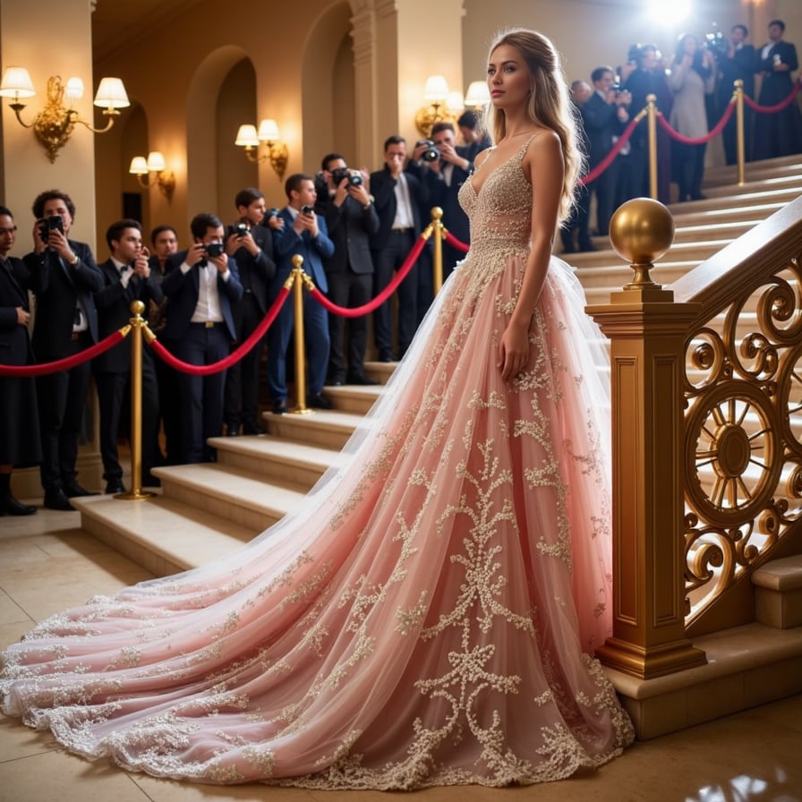 A Met Gala dress inspired by AI algorithms: flowing silk patterned with neural network visuals, laser-cut panels, and a digital halo hovering above her head