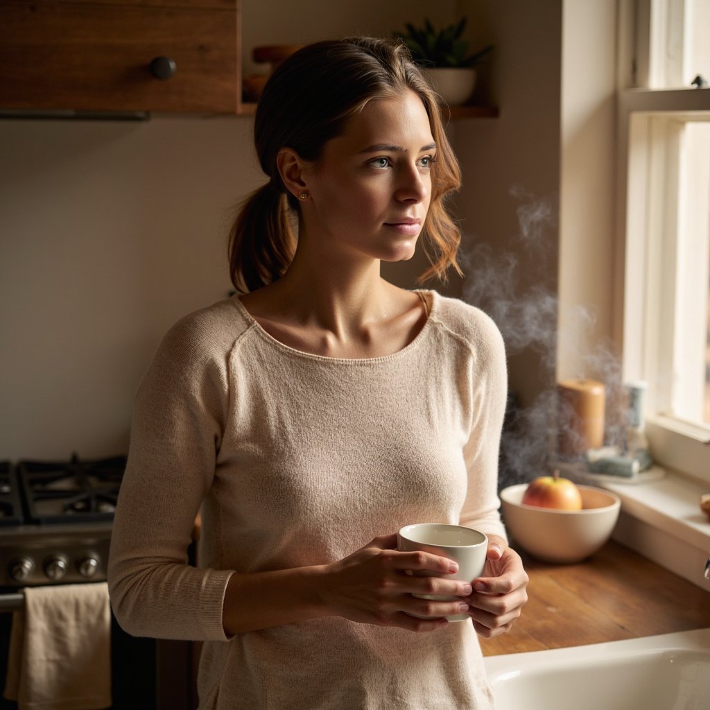 Highly detailed, highly realistic, hyperrealistic HDR image of a woman (female, ~33 yrs) standing waist-up in a cozy kitchen illuminated by soft early-morning light. She wears a light oatmeal sweater with subtle rib texture and rolled sleeves. Her hair is tied in a loose ponytail with natural flyaways catching light. Camera positioned slightly above eye level (~15° down), capturing her serene half-smile as she looks toward the window. Gentle steam from a mug she’s loosely holding adds atmosphere. Background blurred — faint wooden counter, bowl of apples, linen towel in muted tones. Lighting diffused and warm, shadows soft. Visible skin pores, sweater fibers, and condensation on the mug. HDR, high resolution, high quality, highly detailed, photorealistic.