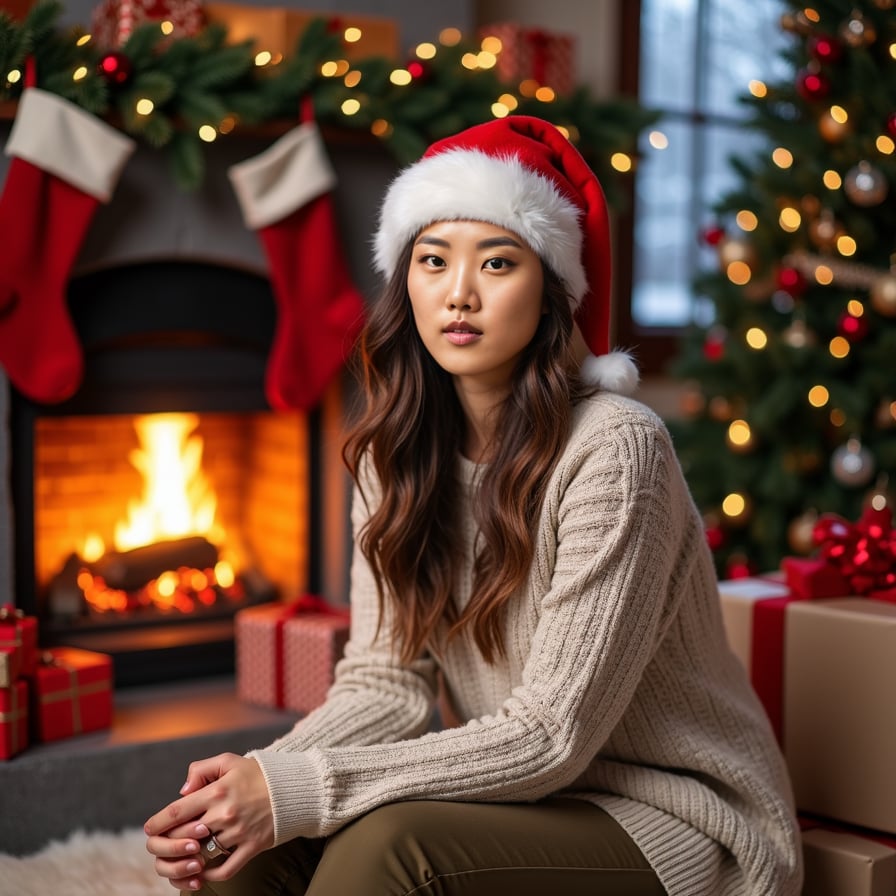 A cheerful woman wearing a cozy knit sweater and Santa hat sits by a roaring fireplace, surrounded by gift-wrapped boxes. The background features stockings hung on the mantle and a twinkling Christmas tree
