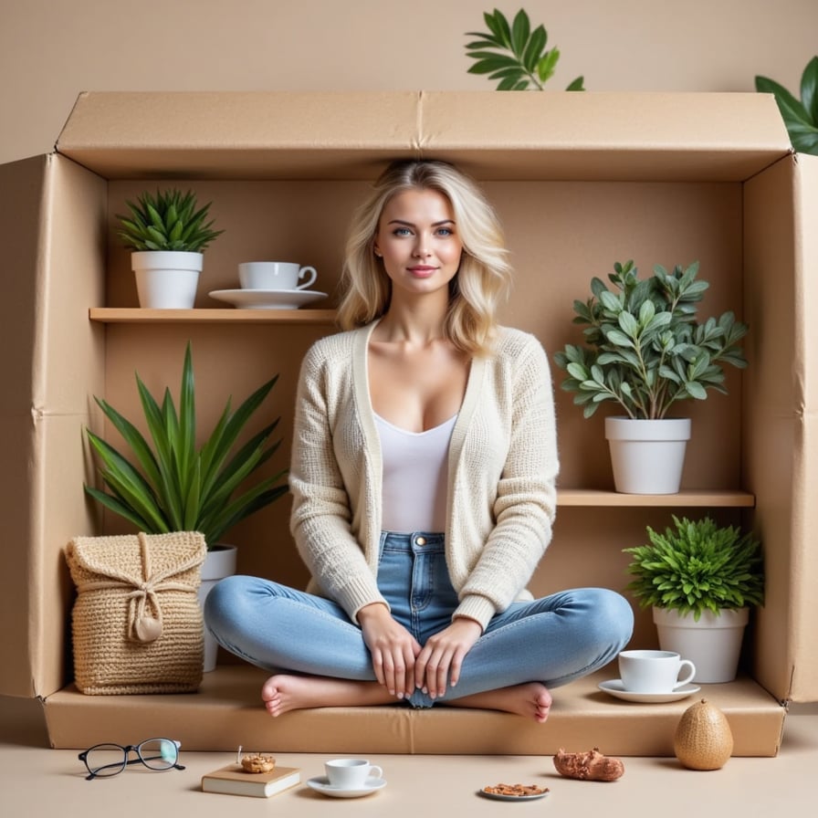 Woman sitting cross-legged in the box, cozy cardigan, surrounded by plants, books, glasses, tea mug