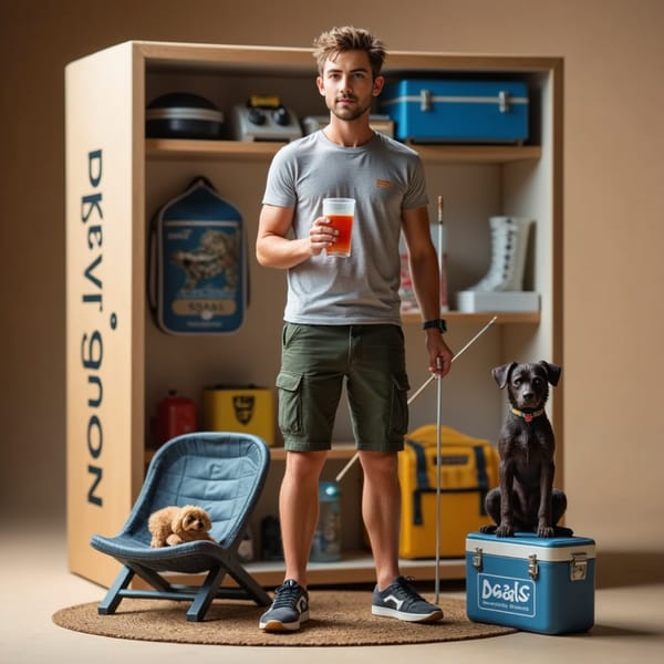 Man in cargo shorts holding a fishing rod, surrounded by camping gear, dog figure, and cooler box
