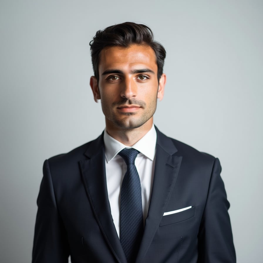 A passport-size photo of a business professional wearing a dark suit and tie. The background is plain light gray, and the lighting is bright yet evenly distributed. The individual is centered, facing forward with a neutral but confident expression