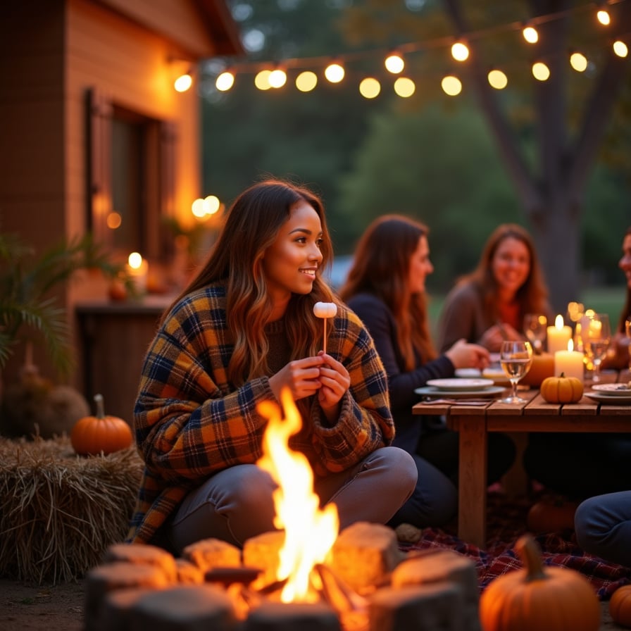 A woman bundled up in a plaid blanket, sitting by a bonfire with friends and family around her. She’s laughing and holding a marshmallow stick, while others roast marshmallows and sip warm drinks. The cool night air is filled with laughter, and string lights hang overhead, illuminating the scene with a cozy, autumnal glow. Pumpkins and hay bales add to the rustic setting