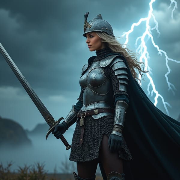 woman in medieval armor, silver-chainmail and leather, wielding a double-edged sword with a fierce grip, standing in a powerful contrapposto stance, her helmet adorned with a crest, against a dark, ominous stormy sky with intense lightning and thunderclouds, lit by a dramatic flash of lightning.