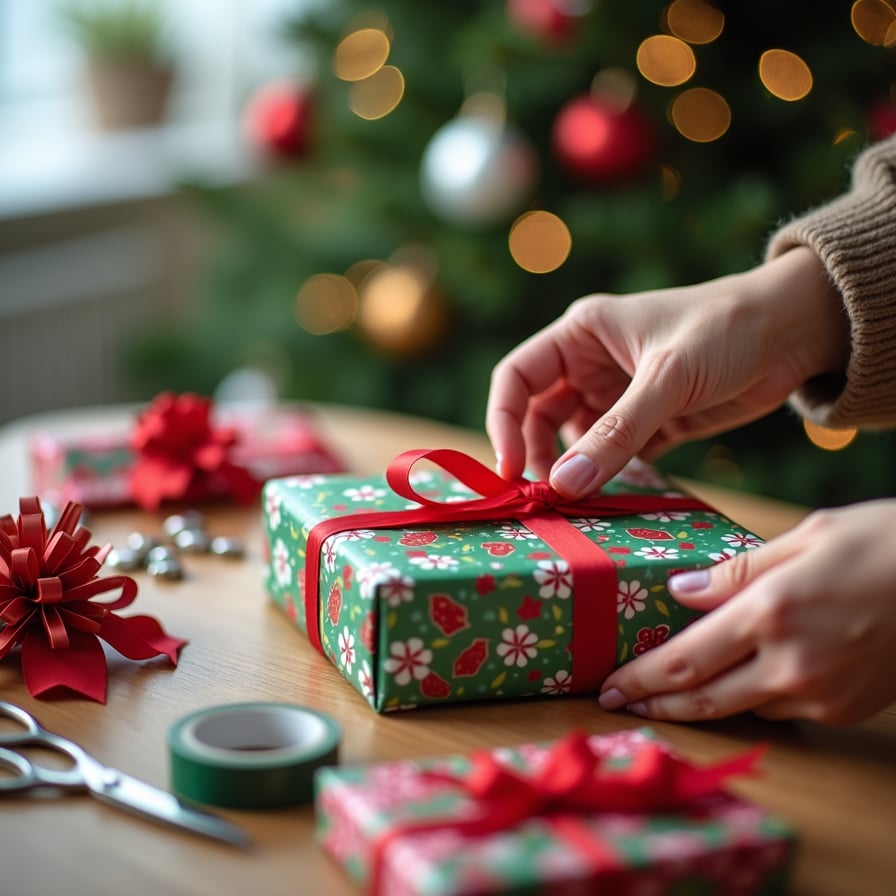 A close-up of hands wrapping a gift with vibrant holiday paper and ribbons on a wooden table. Surround the scene with small ornaments, scissors, tape, and bows, with a softly lit Christmas tree blurred in the background.