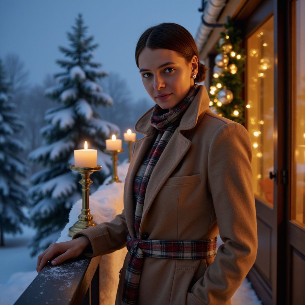 Woman on a balcony overlooking snow-covered evergreens, ambient blue hour light. Hairstyle: low bun with a few loose strands framing her face. Attire: long camel coat with high collar, plaid wool scarf, small gold earrings. Fabric details: visible wool fibers, soft woven plaid, faint frost speckles. Camera: slightly below eye level, 50mm, f/2.0. Lighting: cool ambient snowlight + subtle warm reflection from interior light behind her. Background: blurred snowflakes and golden window bokeh; soft, romantic atmosphere. Pose: one hand on balcony rail, subtle smile over shoulder.
Render: highly detailed, highly realistic, HDR; visible snow crystals, fabric texture, and natural cold-air glow.