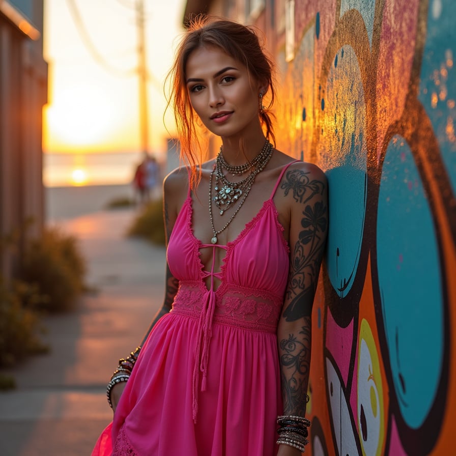 woman in a bright pink, flowy maxi dress, adorned with delicate lace details, standing against a scenic beach backdrop with the sun setting behind her, warm golden light illuminating her skin and hair.