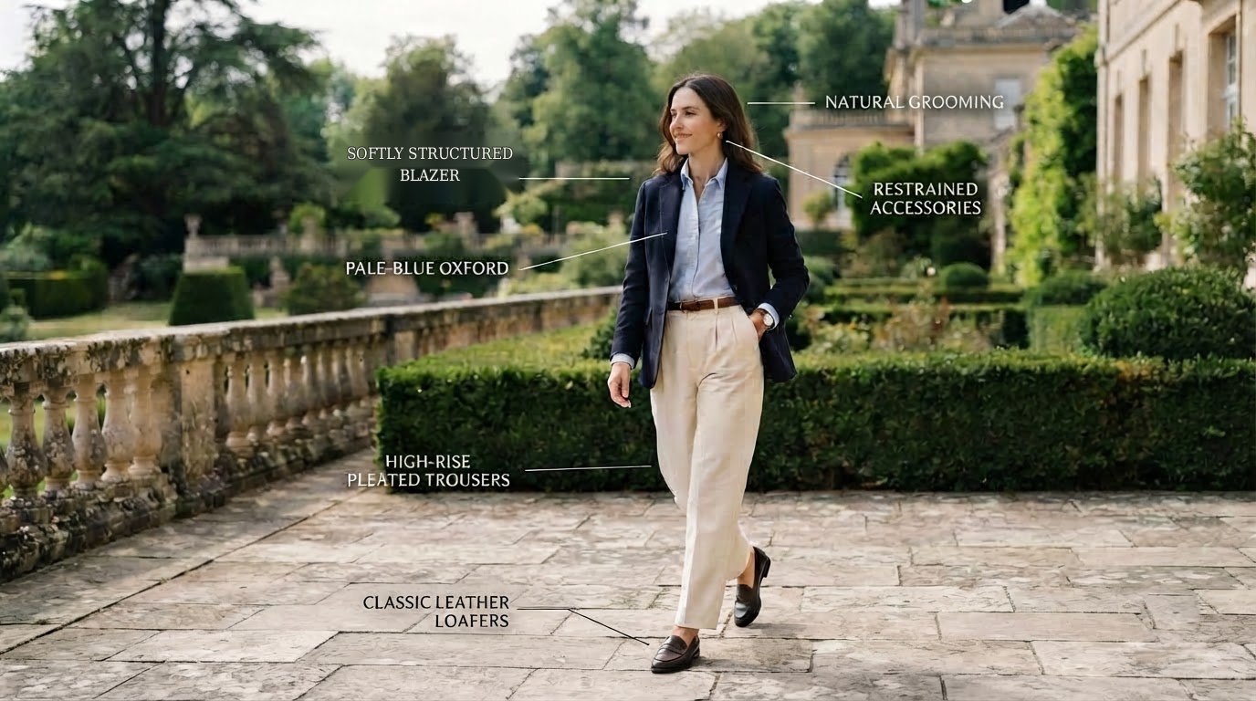 A woman in a navy blazer, cream pleated trousers, and loafers demonstrating balanced proportions