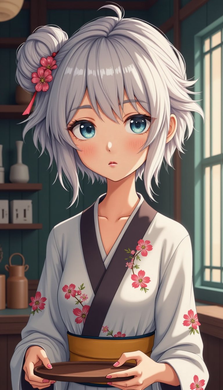A serene woman with glowing white hair, dressed in a traditional kimono decorated with sakura petals. She serves tea to weary travelers in a mystical tea house hidden between worlds, her eyes holding secrets of a thousand years.