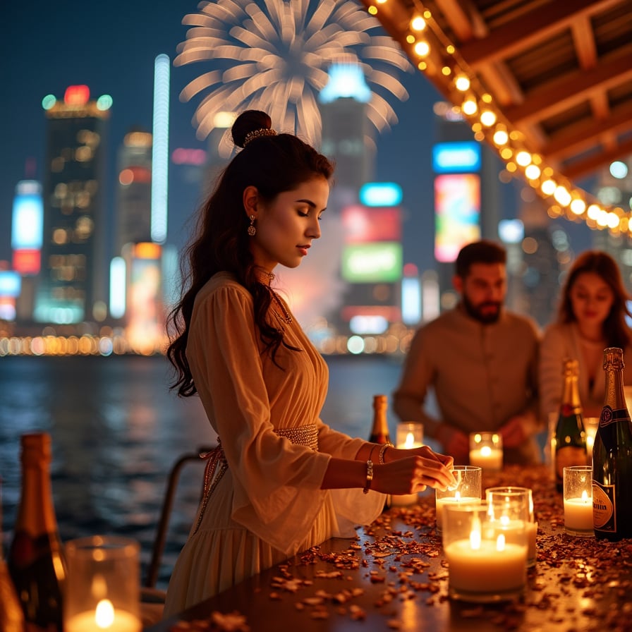 A woman participating in a traditional New Year’s Eve ritual, like lighting floating candles on a river or wearing traditional attire, surrounded by family and friends