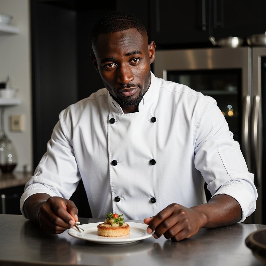 Highly detailed, highly realistic HDR portrait of a man chef in a spotless double-breasted cotton chef jacket with matte black buttons, sleeves neatly rolled; short trimmed beard, hair under black cap. Camera: 50mm lens, f/2.2, ISO 320, shot slightly above eye-level, waist-up angle to emphasize plated dish. Lighting: tungsten kitchen lights with softbox fill from camera left, gentle shadows to right; highlights glint on stainless counter. Pose: leaning slightly forward, right hand placing garnish with tweezers, focused expression. Background: softly blurred pass-through window and shelves of clean pans, minimal clutter.