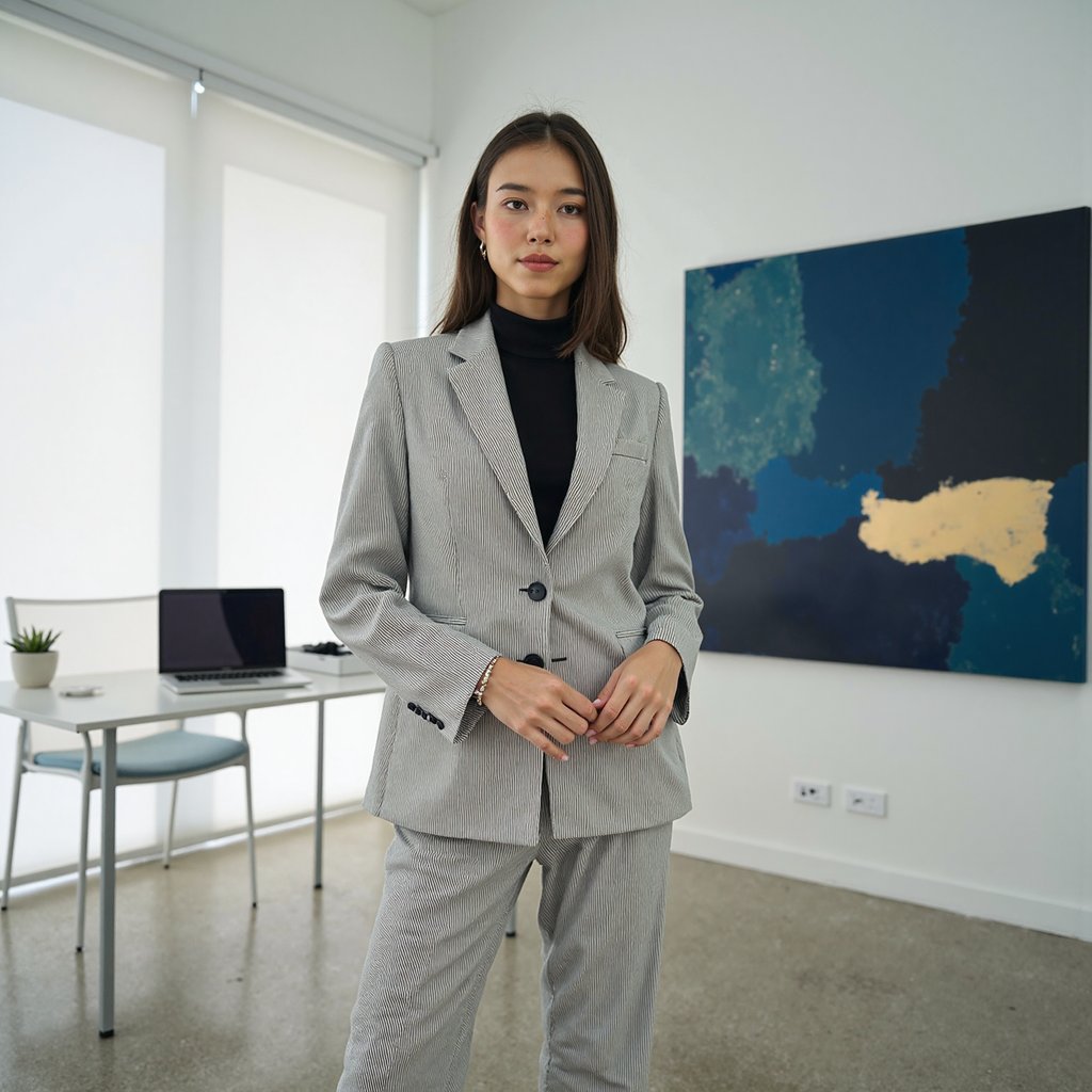 woman wearing a sophisticated light gray pantsuit featuring a subtle pinstripe texture, paired with a sleek black turtleneck. She wears delicate silver stud earrings and a thin silver watch on her left wrist. She stands with her hands gently clasped at her waist, looking calmly into the camera. The background is a fusion of an upscale art gallery and a modern office, showcasing a large abstract painting in shades of deep blue and gold on a pristine white wall, alongside a minimalist desk holding a closed laptop and a small potted plant. Polished concrete floors reflect the soft natural light, contributing to a clean, intelligent atmosphere in this waist-up mid angle editorial shot.