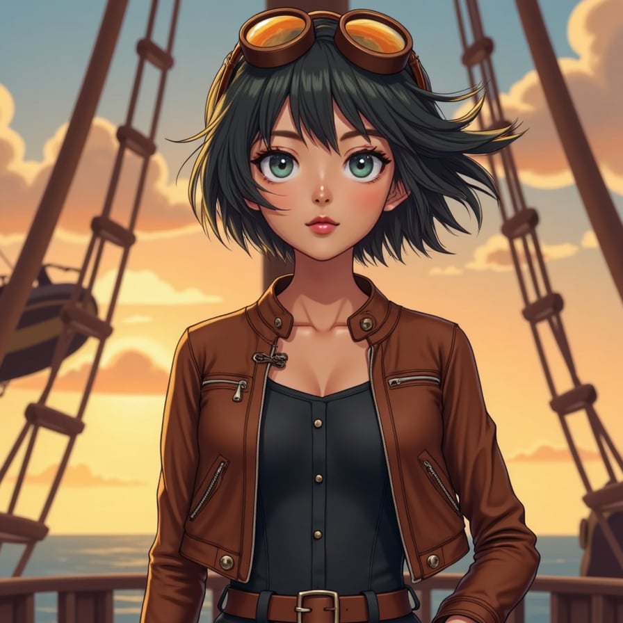 A determined young aviator with short, windswept hair and goggles resting on her forehead. She wears a leather bomber jacket over a steampunk-style jumpsuit, standing on the deck of a flying ship against a golden sunset, inspired by Ghibli's adventure films.
