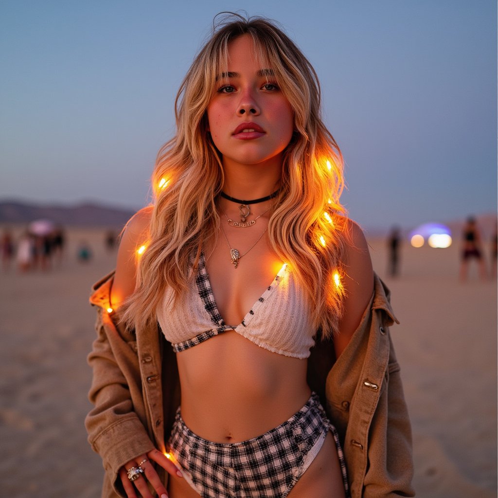 Portrait of a woman wearing luminous fiber-optic strands in her hair, glowing softly at dusk in the open desert, layered bohemian outfit, Burning Man vibe”