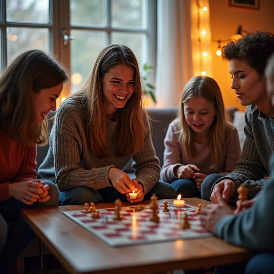 A living room scene with a group of family members gathered around a coffee table, focused on a board game. Expressions of anticipation, laughter, and friendly rivalry are highlighted by the soft glow of nearby holiday lights.
