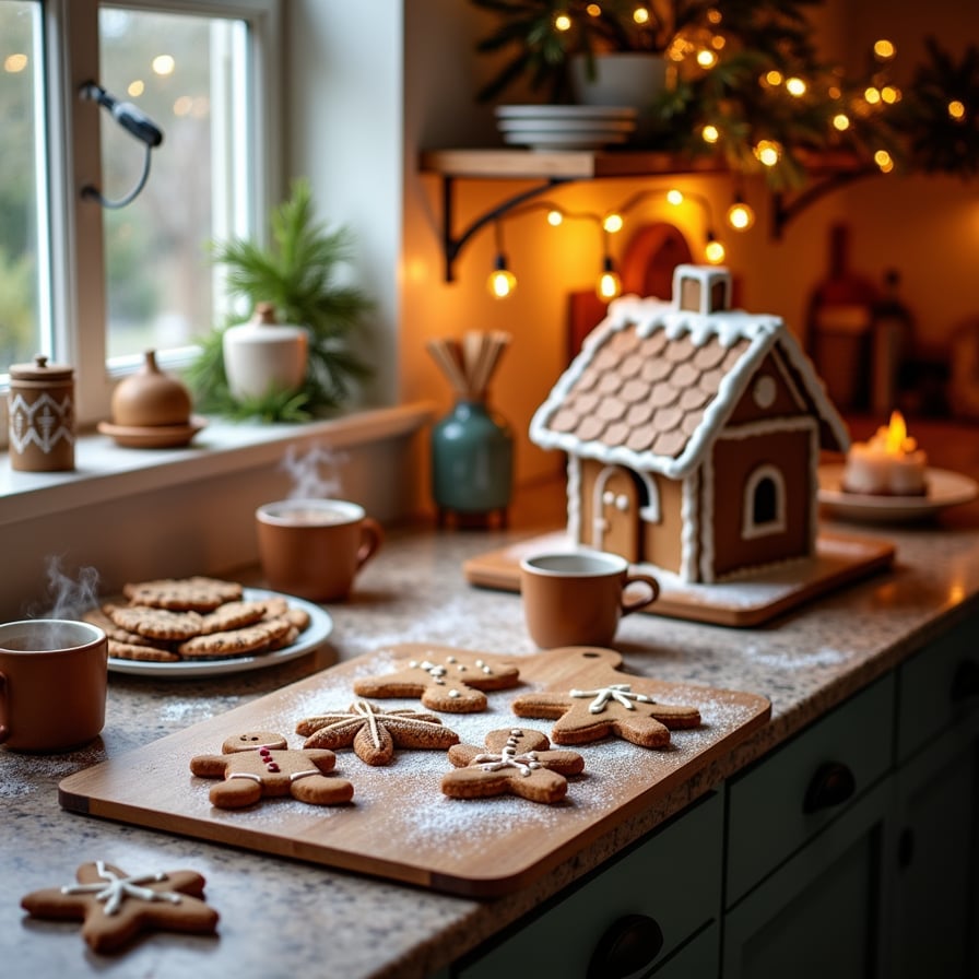 A cozy kitchen countertop adorned with freshly baked gingerbread cookies, a gingerbread house surrounded by icing tools, steaming cups of hot cocoa, and a plate of holiday treats. Warm golden lighting enhances the festive atmosphere.