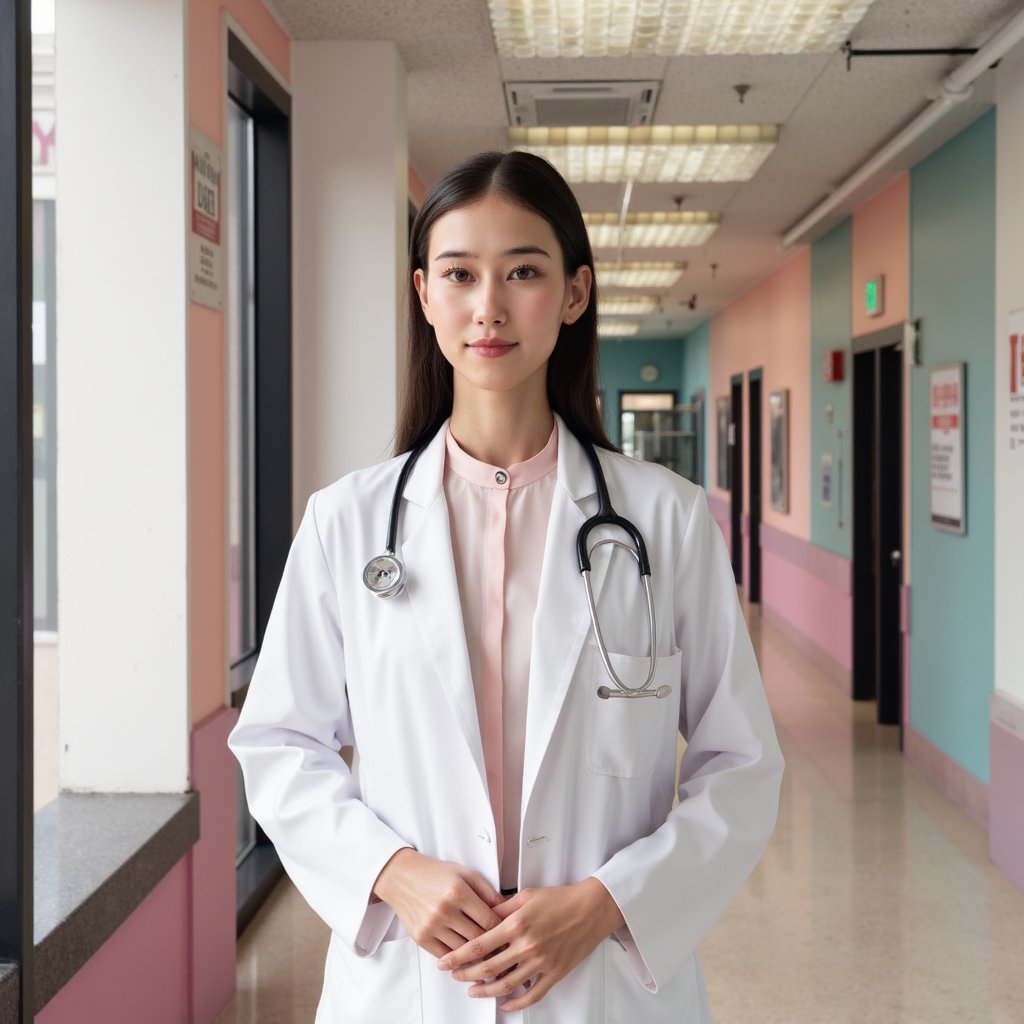 Highly detailed, highly realistic HDR portrait of a woman doctor in pristine white cotton lab coat over pale pink blouse; stethoscope draped around neck; hair in neat ponytail. Camera: 70mm lens, f/2.5, ISO 400, chest-up, eye-level framing. Lighting: daylight from large window as soft key, subtle fluorescent fill from ceiling; faint shadow under jaw. Pose: standing with hands gently clasped at midsection, calm confident smile. Background: softly blurred corridor with pastel walls and signage, minimal clutter.