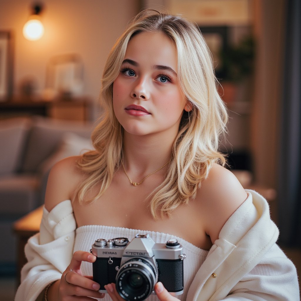 Studio-style headshot of a woman captured on World Photography Day, soft key light on face, bokeh background, natural expression, fashion-magazine quality