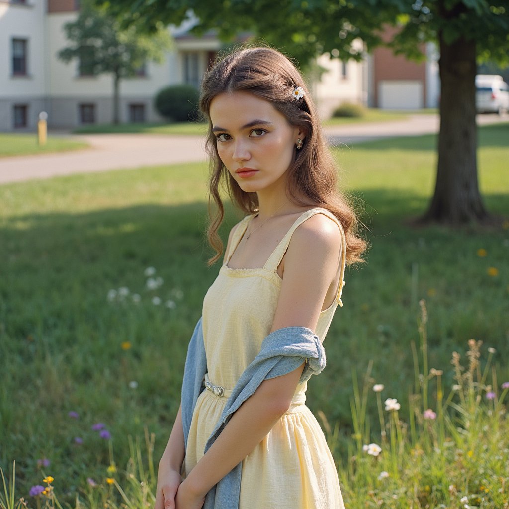 Ultra-realistic 1960s senior girl portrait taken outdoors in a meadow near the school, framed from the waist up with a 55mm lens at f/2 for creamy bokeh. She wears a pastel yellow A-line dress in lightweight cotton, the weave faintly visible, with a thin white belt cinching the waist. A lightweight cardigan in pale sky-blue is draped loosely over her shoulders. Her blonde hair is styled in a half-up twist with curled ends, a small white daisy tucked into one side. Her expression is serene, lips softly parted, gaze lowered toward the ground as if lost in thought. Sunlight filters through tall grass, casting delicate shadows along her dress and forearms. Background is a warm blur of wildflowers and school fencing far in the distance, barely perceptible.