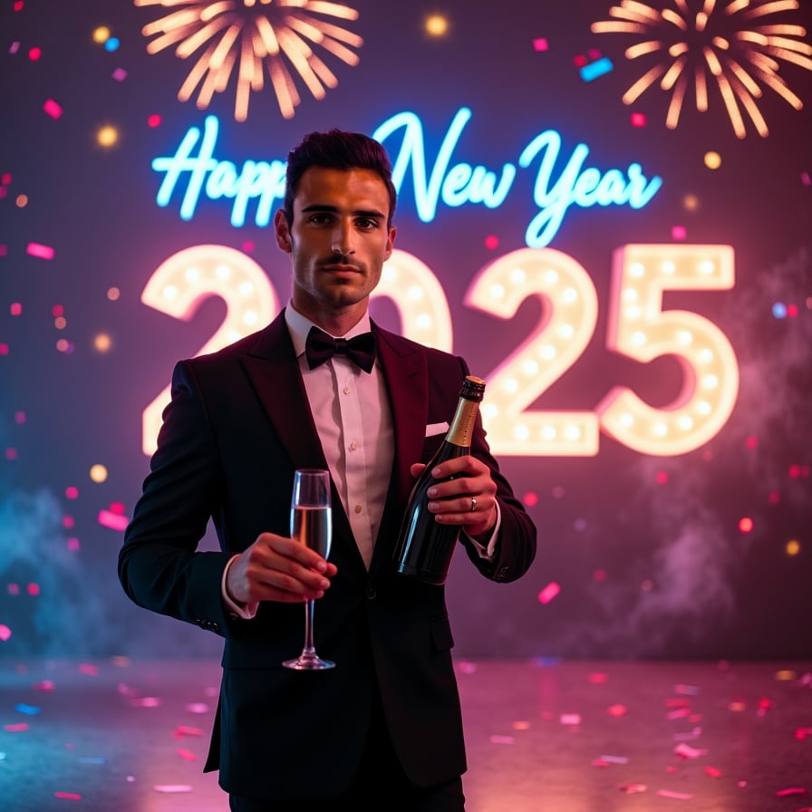 A man in a sleek black tuxedo, holding a glass of champagne, standing against a backdrop of glittering lights and a "Happy New Year 2025" banner, smiling confidently at the camera