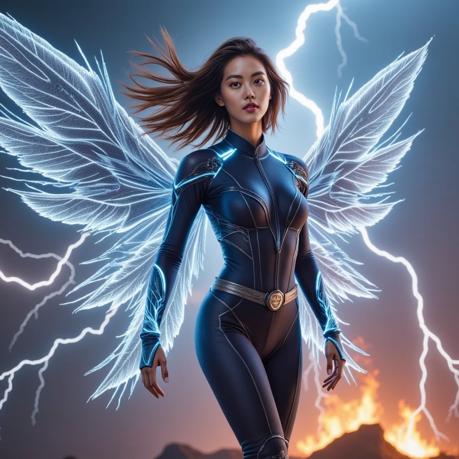 Bold female superhero descending from the sky with wings made of pure energy, futuristic tactical bodysuit with silver-blue highlights, lightning storm backdrop, heroic Marvel stance, cinematic 4K art