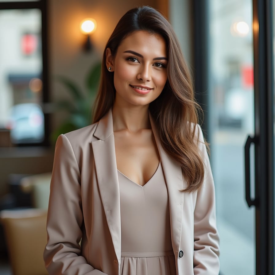 woman styled in a classy dress or blazer, with her hair neatly styled and subtle makeup. The background is an upscale indoor setting or softly blurred cityscape. Her expression is poised and confident, reflecting elegance and allure