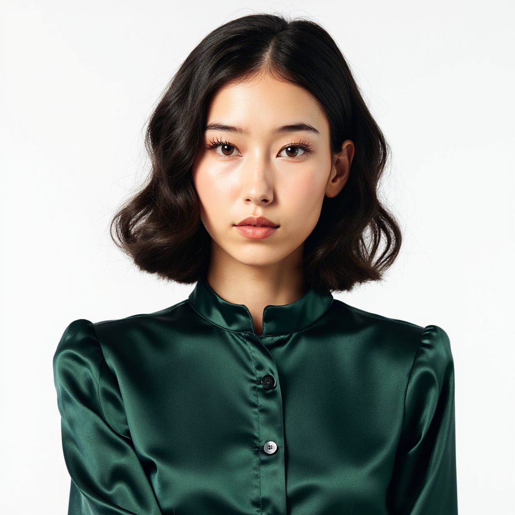 A highly realistic, highly detailed HDR professional passport photo of a woman in her early 40s. She has curly black hair styled in a neat, controlled shoulder-length look, gently pulled back to reveal facial contours. She wears a dark emerald blouse with a soft silk-like sheen. The lighting includes soft frontal illumination plus a subtle hair light behind her, adding separation from the pure white background. Background is solid-white with no shadows. Camera angle is straight and centered. Her expression is neutral, lips relaxed. The portrait captures exquisite details including the fine sheen on the blouse, the texture of individual curls, and natural skin highlights. Extremely polished and suitable for documentation.