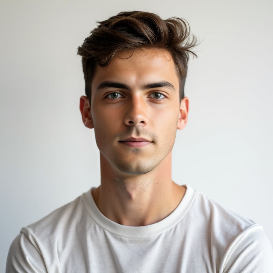 A passport-size photo of a young adult wearing a casual t-shirt, smiling subtly but neutrally. The background is plain white, and the lighting is soft and evenly distributed. The subject is centered, looking straight into the camera